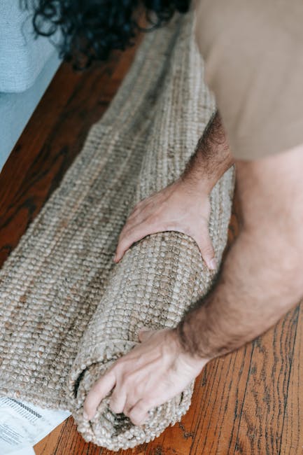 A person is rolling out a beige, textured carpet onto a polished wooden floor in a well-lit room. The carpet appears clean and fresh, with a subtle woven pattern, and is being positioned carefully for